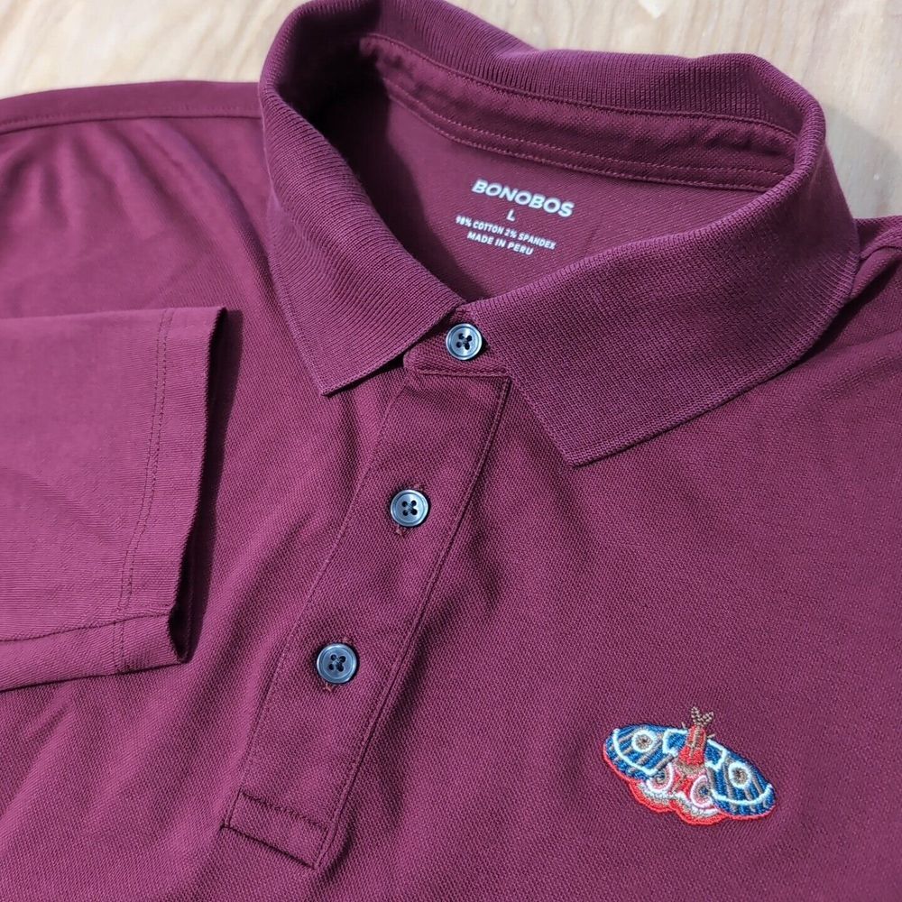 BONOBOS‎ Mens L Stretch Cotton Pique Long Sleeve Polo Burgundy Moth Embroidery